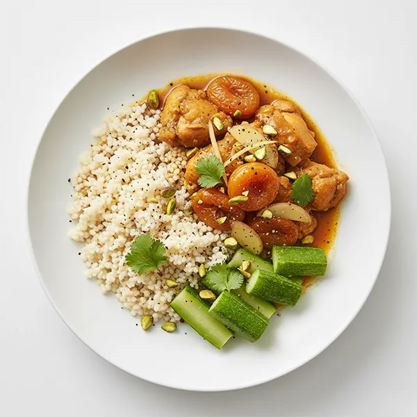 Apricot & Ginger Chicken Tagine with  Pearl Couscous & Steamed Marrow
